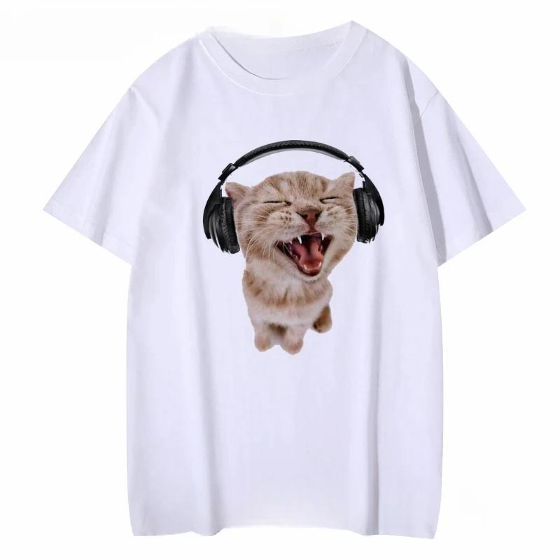 Round-neck Red T-shirt Women's T-shirt Top Women's T-shirt with Cute Kitten Wearing Headphones Print Short-sleeve for Women