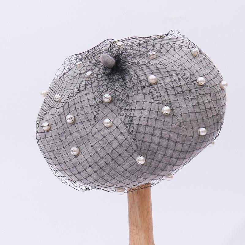 Wool beret women, mesh pearl pumpkin hat spring and autumn fashion British retro painter hat versatile