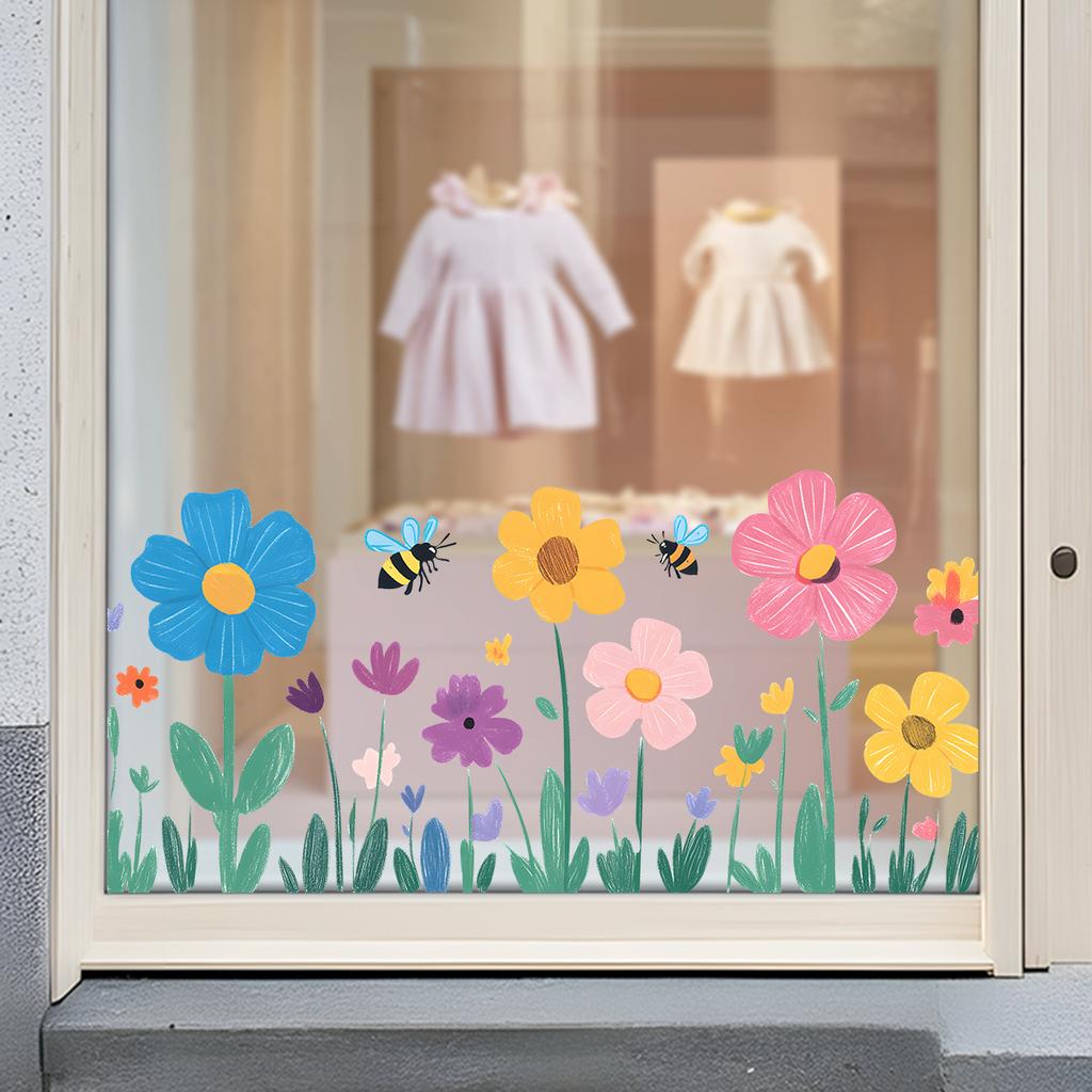 Cartoon Colorful Bee Flower Window Sticker Kids Room Kindergarten Glass Decoration Self-Adhesive Wall Art