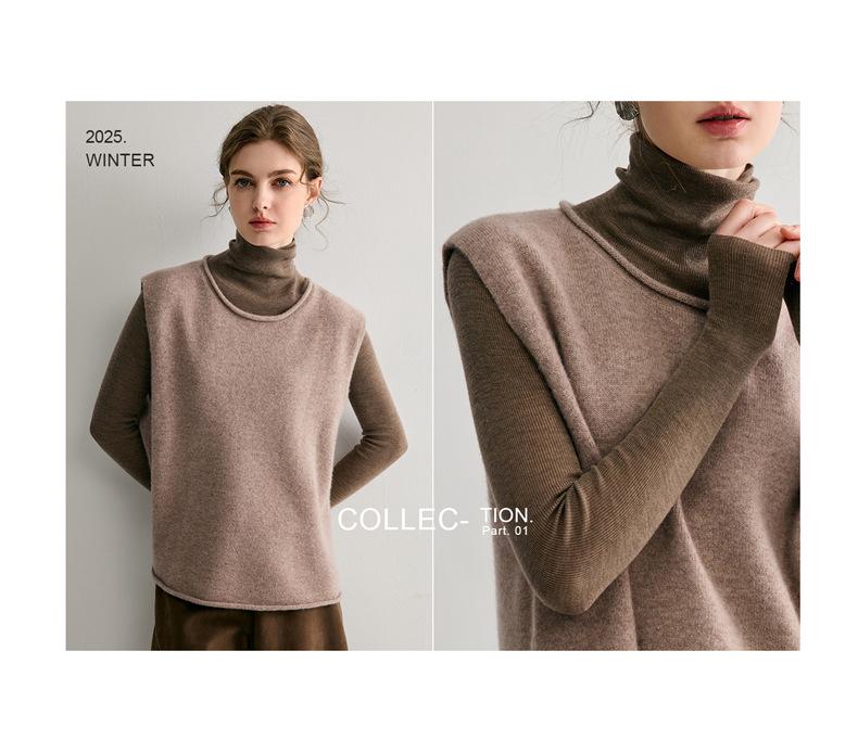 100% Pure Cashmere Rolled Hem Sleeveless Shawl Collar Women's Vest for Autumn/Winter