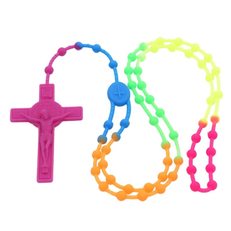 Fashion Rosary Beads Cross Pendant Necklace Women Link Chain Plastic Material Necklace Girl Religious Jewelry Party Gift