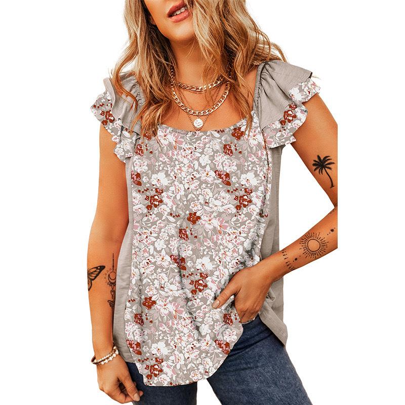 Summer Women's Square Neck Outer Vest Fashion Floral Ruffle Sleeveless Top
