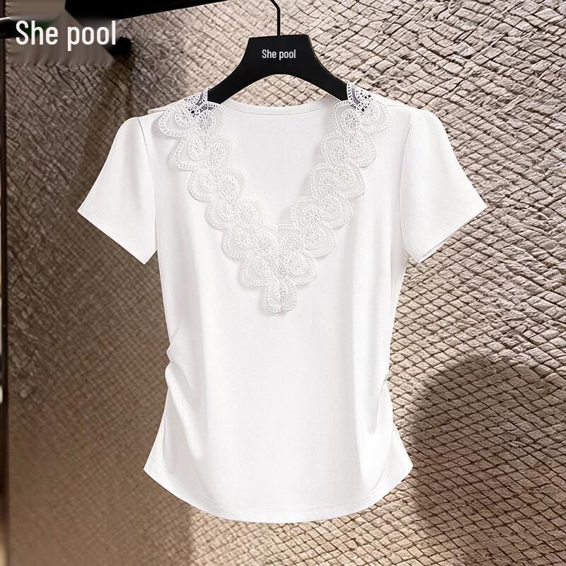 Shechi French Lace V-neck Short Sleeve T-Shirt M