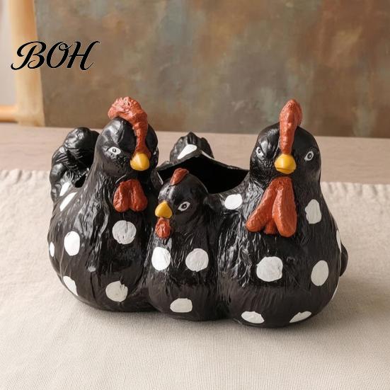 Farmhouse Plant Container Chicken Family Resin Planter, Cute Pot, Decorative Weatherproof Garden Statue Decor for Succulents Indoor Outdoor