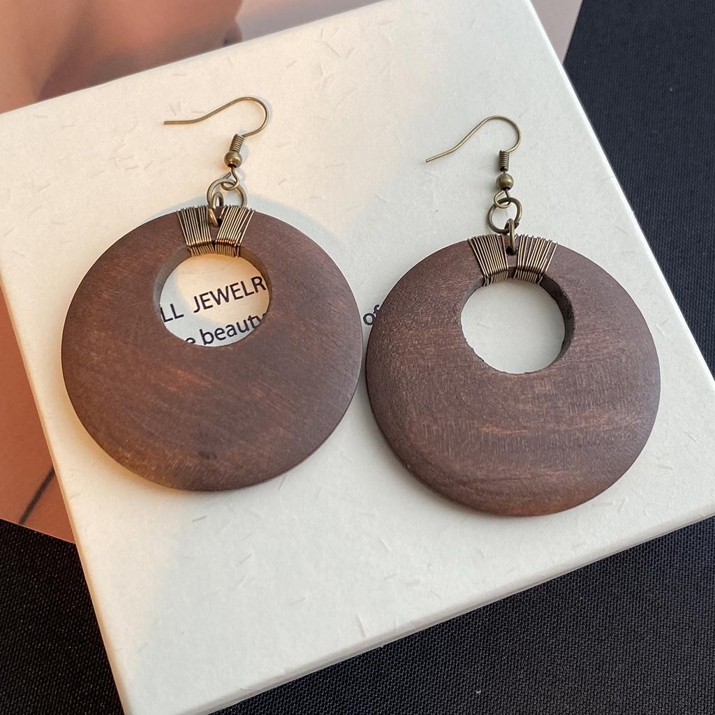Maillard Retro Wooden Big Circle Earrings Bohemian Medieval Exaggerated Design High-End Round Earrings