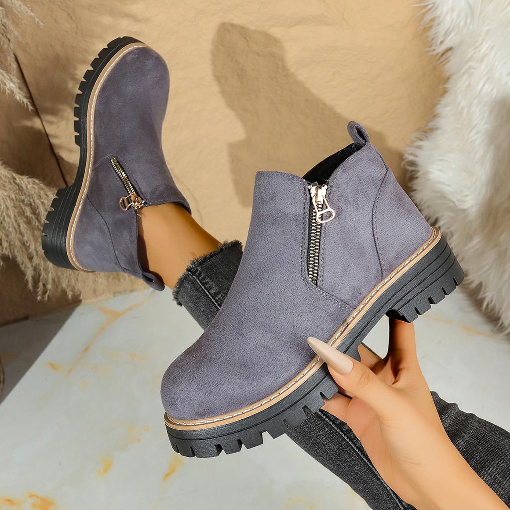 Damen Stiefeletten mit runder Zehenpartie, Martin Boots mit Blockabsatz und seitlichem Reißverschluss, Herbst Winter Kurzstiefel für Damen