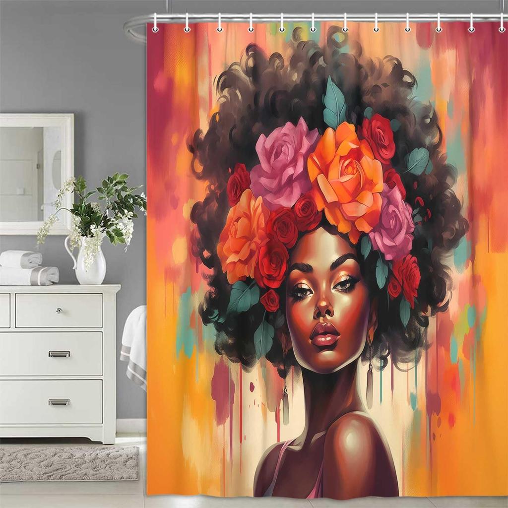 Black Girl Shower Curtain, Retro African American Colorful Floral Red Rose Black Woman Bathroom Decor, Oil Painting Aesthetics Flower Fabric Afro