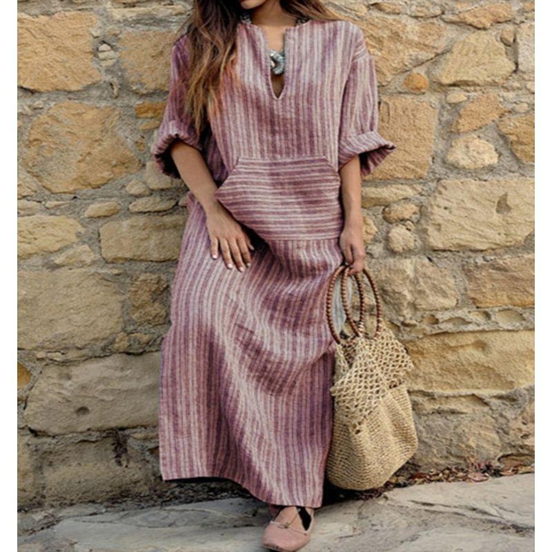 

Dress Retro V-neck Striped Cotton and Linen Dress Artsy Red 5XL