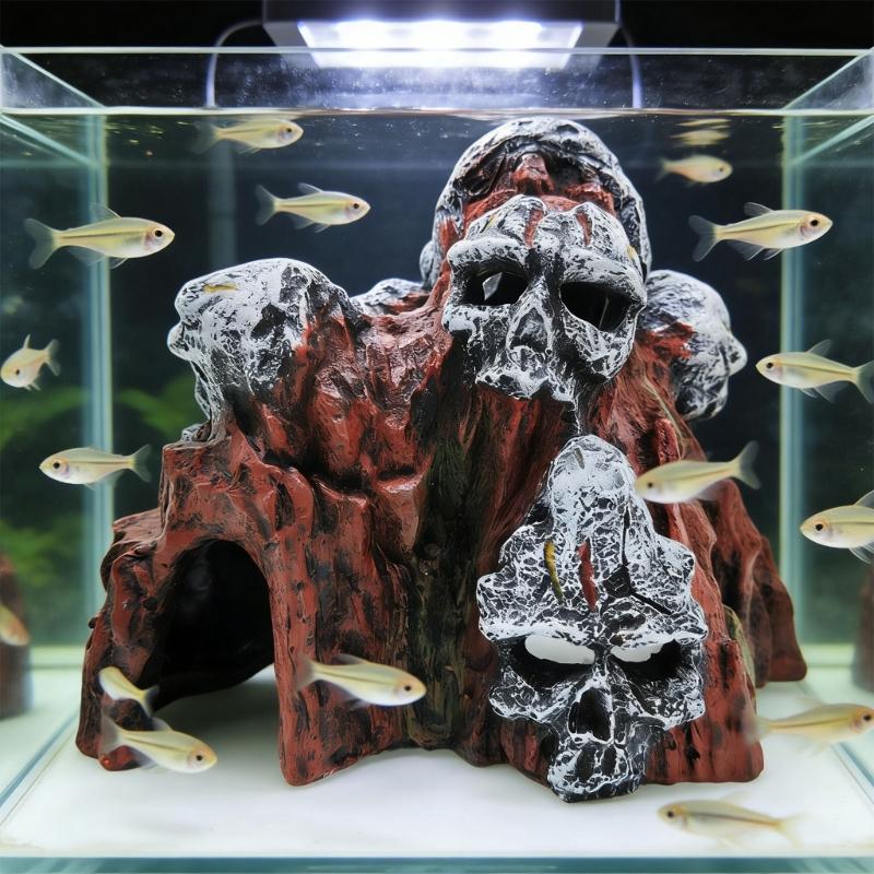 Handgefertigte Totenkopf-Aquariumdekoration Harz-Höhlenverstecke Künstlerische Totenkopfform Fischbecken Dekoration