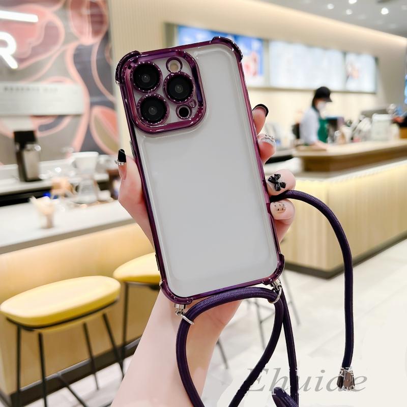 

Crossbody Lanyard Plating Case For iPhone 17 16 Pro Max 15 Plus 11 12 13 14 Pro 16E X XS Strap Shockproof Soft TPU Clear Cover for iPhone 12 Pro&Case & Strap