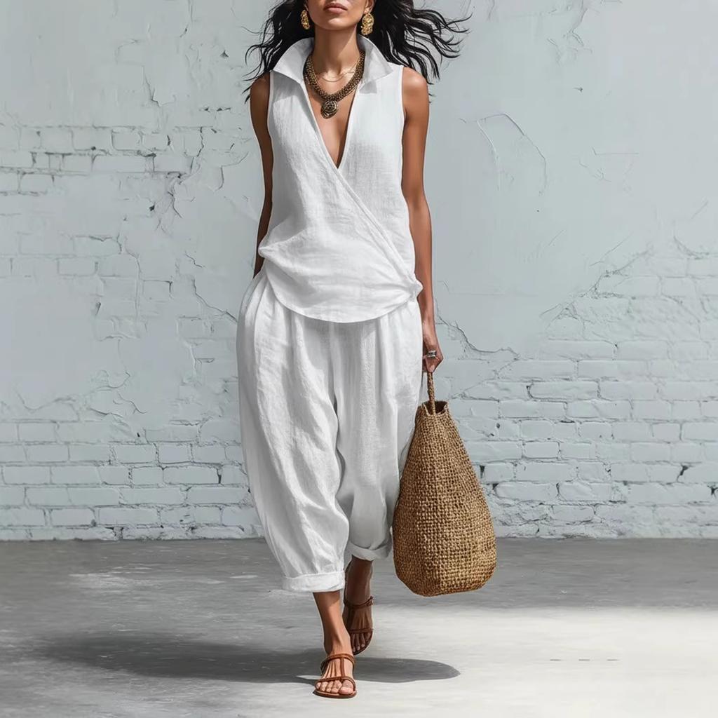 Women's Fashion Sleeveless Loose Minimalist Cotton-Linen Casual Two-Piece Set