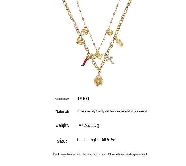 European Luxury Heart Multi-Pendant Double Layer 18K Gold-Plated Stainless Steel Necklace