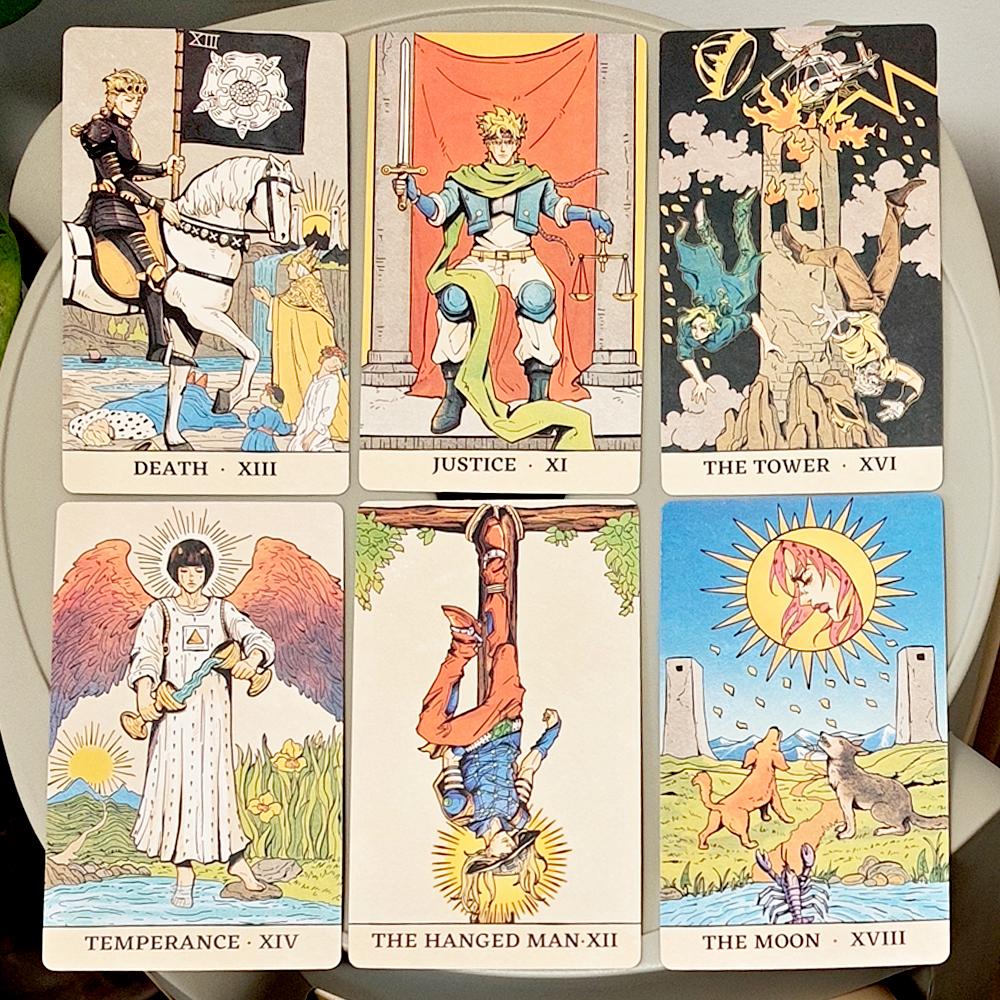 JOJO Tarot Cards Deck in Rigid Box, 80 Pcs Double-Sided Embossed Anime Tarot Cards Bizarre Adventure Tarot Deck 12x7cm