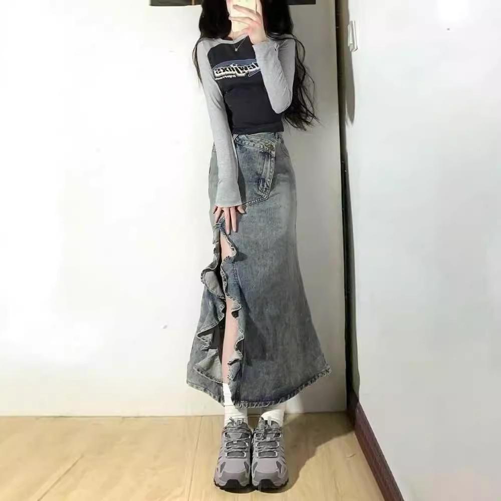 Dámská džínová sukně s vysokým pasem, retro, distressed, rybího střihu