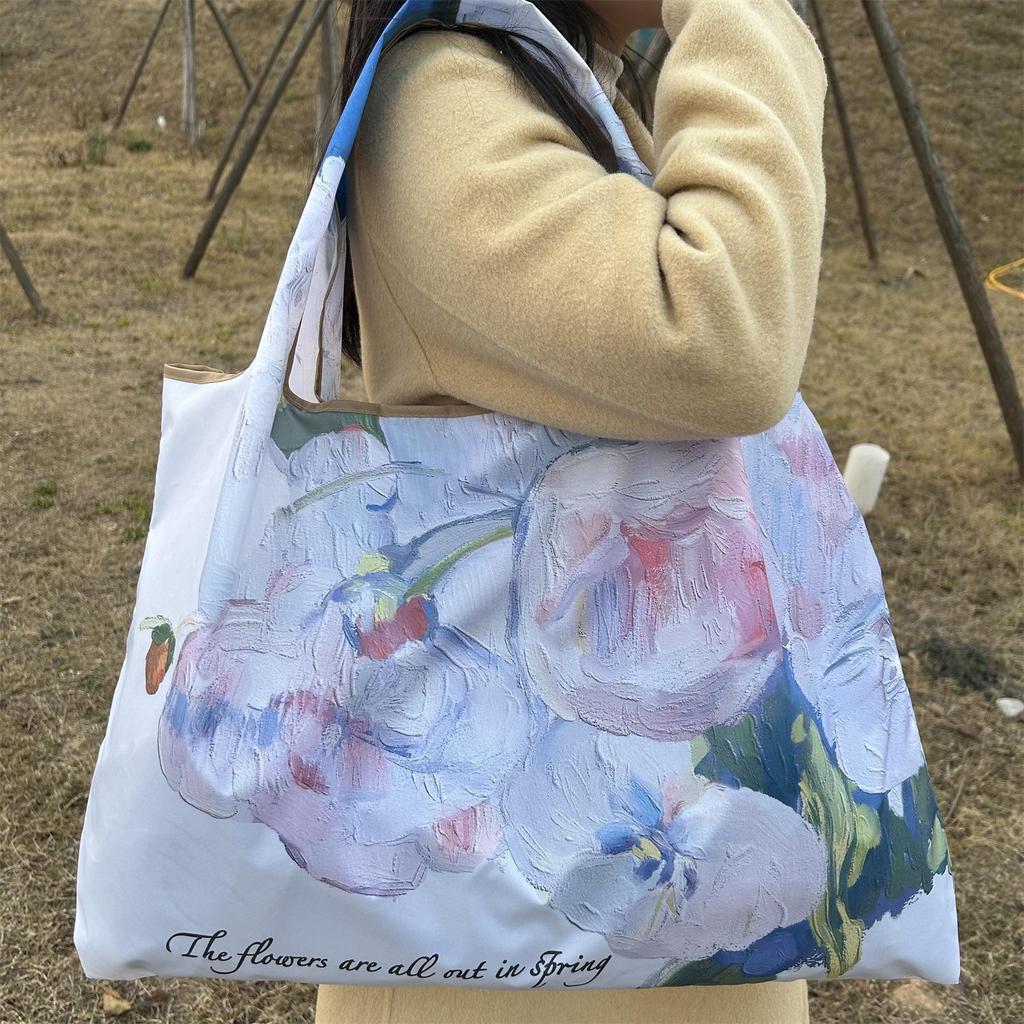 Faltbare quadratische Umhängetasche mit Ölgemälde-Print - Mehrfarbige Einkaufstasche