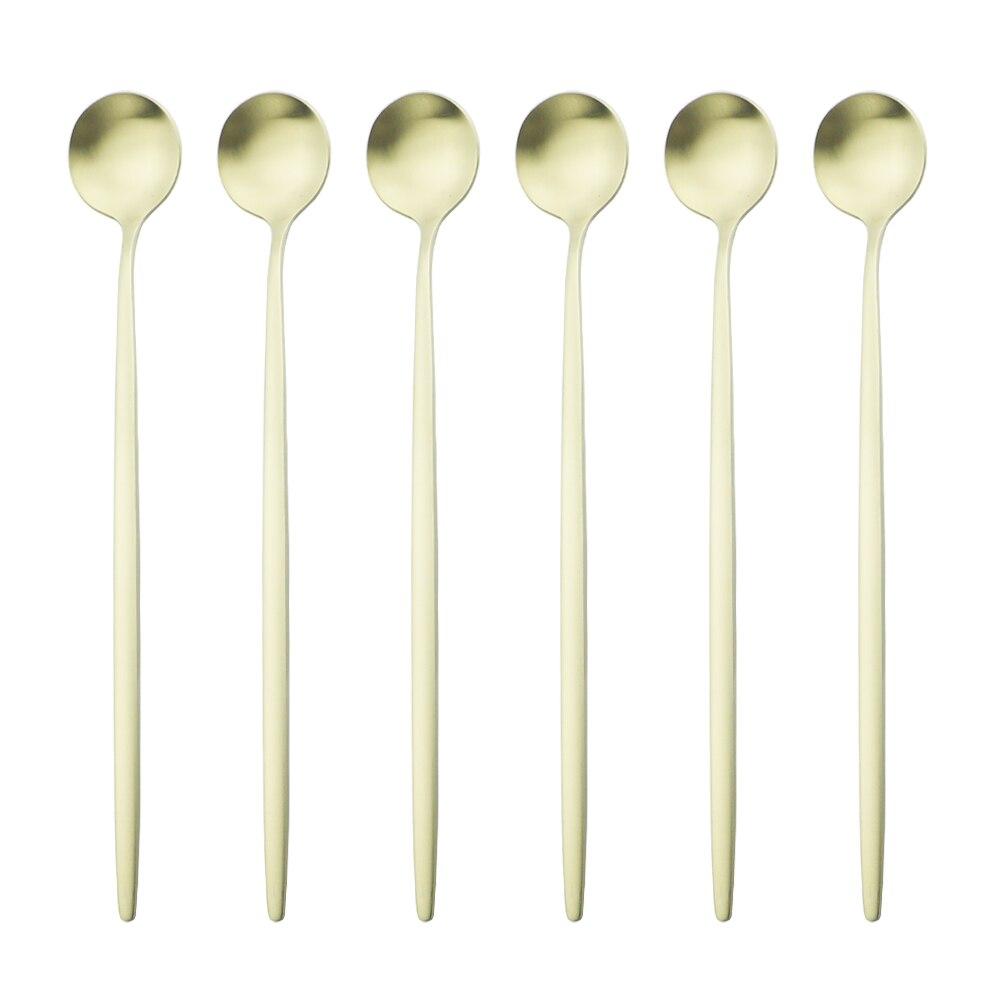 Juego de cucharas con mango largo dorado de 6 uds., juego de cubiertos de acero inoxidable mate, bebida agitadora pulida, helado, postre, cuchara para té, vajilla
