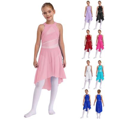 Kids Girls Lyrical Modern Dance Wear Sleeveless Rhinestone Ruched High Low Hem Leotard Dress
