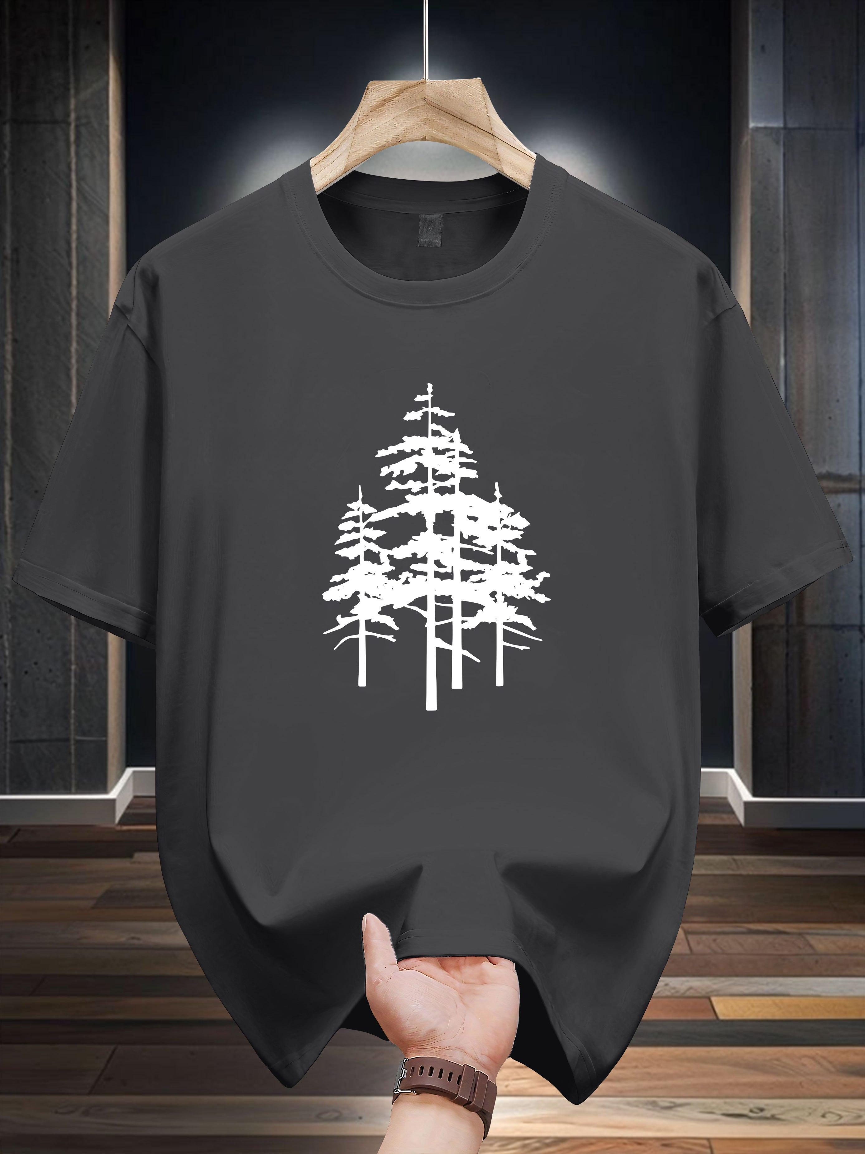

Niuwang Selection 200g 100% Cotton Short Sleeve T-shirt - Black with White Pine Tree Graphic Print XL