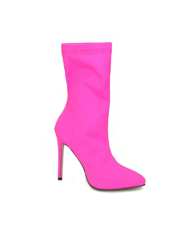 Fashion Neon Pink Pointed - Toe Knee - High Heeled Boots: Fashion - Forward Statement Footwear Stretch Cloth