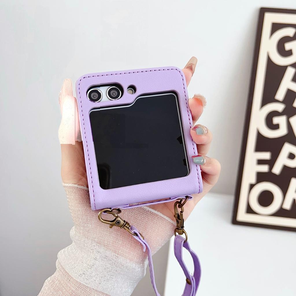 Applicable To Samsung Z Flip6 Mobile Phone Case Zflip5 Solid Color New Magnetic Suction Leather Case Diagonal Straddle Rope Mobile Phone Case