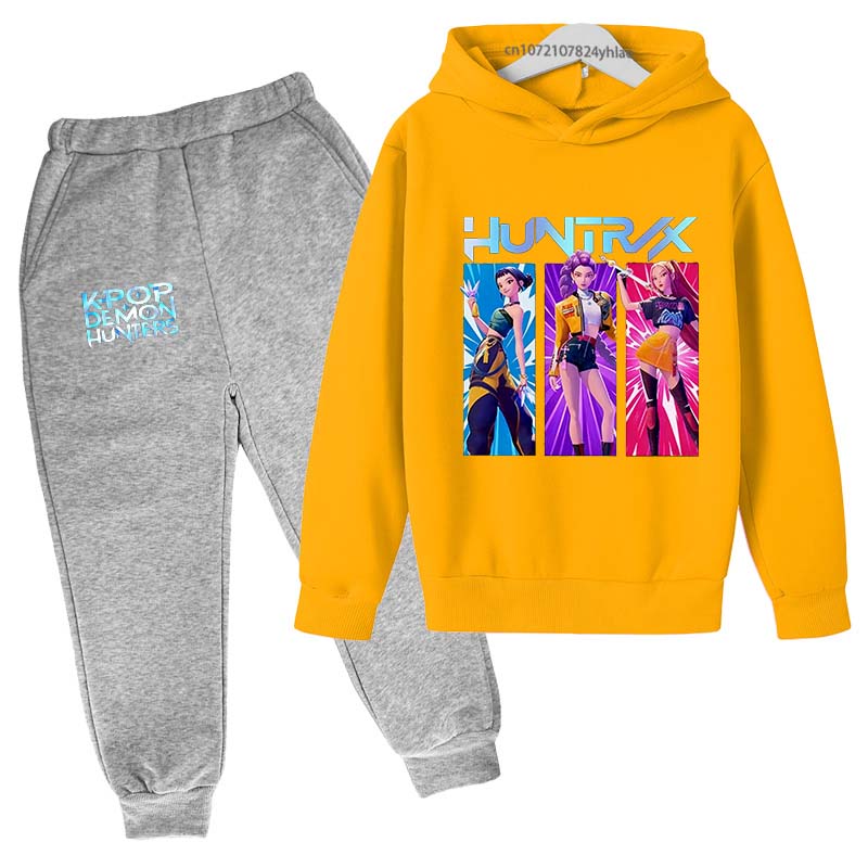 Kpop Demon Hunters Kids Hot Anime Print Spring Autumn Casual 2pcs Hoodie+Pants Tracksuits Girls Fashion Huntrx Clothes