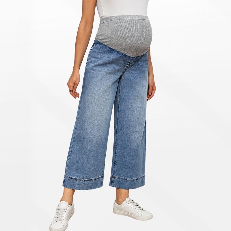 Maternity High-Waist Straight Leg Denim Pants With Tummy Support Mid-Calf Length Stretchy Cotton Blend Daily Wear