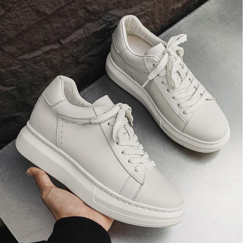 Fashion New Men's Designer White Genuine Leather Invisible Platform Height Increasing Shoes Male Causal Flats Moccasins Walking Sneakers
