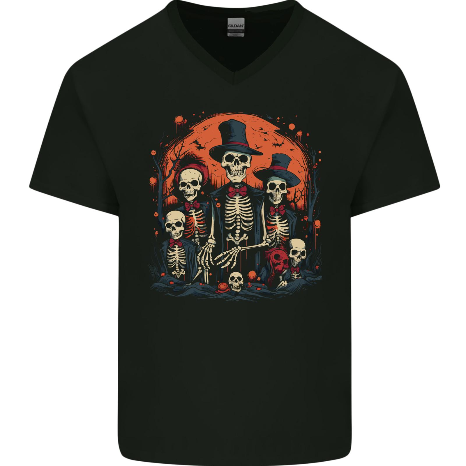 Halloween Skeleton Family With Skulls Mens V-Neck Cotton T-Shirt S
