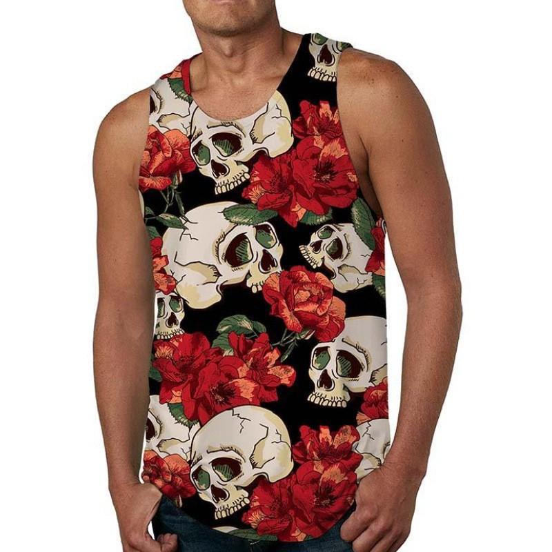 

Мужская летняя уличная майка 3D Череп, цветы, Гавайи, без рукавов, футболка с круглым вырезом XL