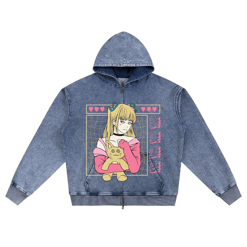 DTG Print Knitted Denim Zip-Up Hoodie Anime Streetwear 23 Brother Print Zipper Hoodies  