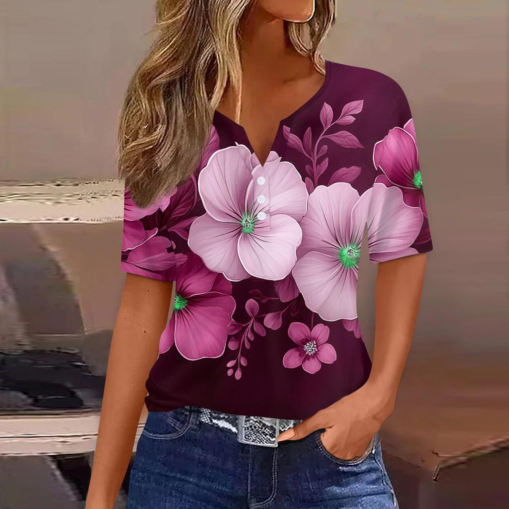 Women's T Shirt Print Button Short Sleeve Daily Weekend Fashion Basic V-Neck Regular Top