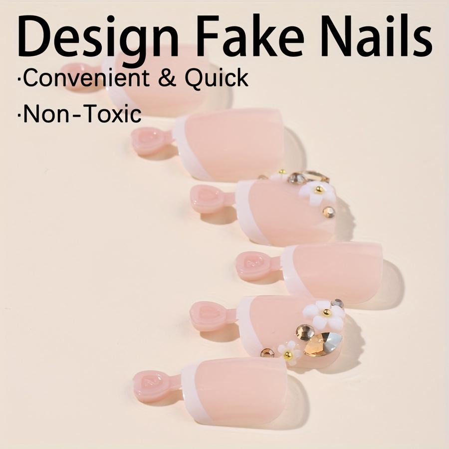 24pcs Elegant French Square Nail Patches, Mixed Color System, Short Length, Glossy Finish with 3D Rhinestone & Flower Design, Fashionable