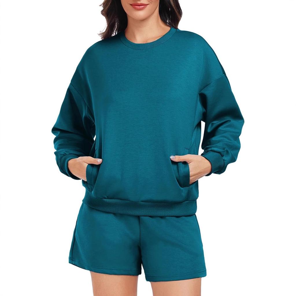 Women's Loose Tracksuit Long Sleeve Sweatshirt Elastic Waist Shorts Casual Loungewear Set