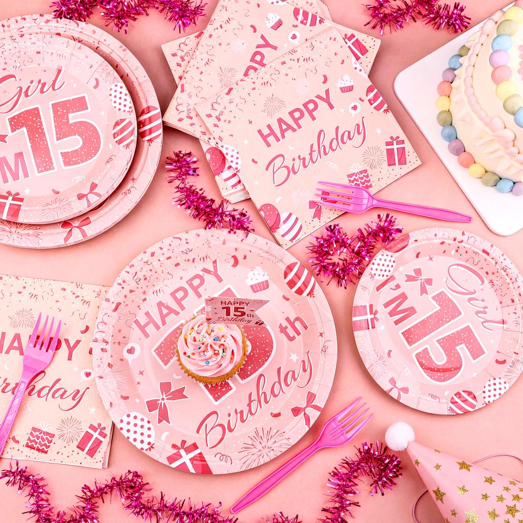 96 Pcs Pink 15Th Birthday Party Plates For Girls 15 Birthday Paper Plates Napkins Disposable Supplies Decorations Tableware Set F
