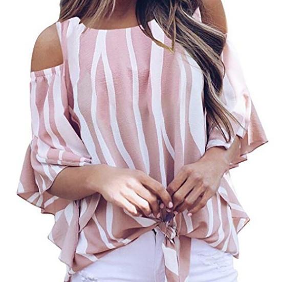 Loose Blouse Off Shoulder Bowknot Shirt Three Quarter Sleeve Flare Sleeve