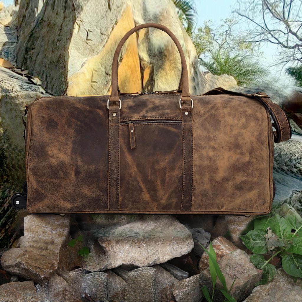 Handmade Leather Rolling Duffle Bag: 24-inch Travel Weekender