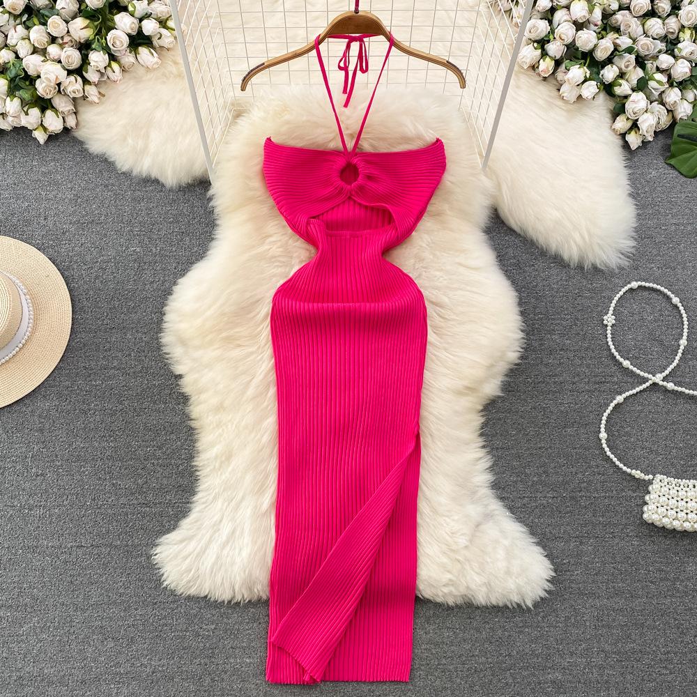 Summer Women's Dress Celebrity Temperament Hanging Neck Hollowed Tight Slim Backless Sleeveless Medium-length Split Package Hip Knit Bottom Dress