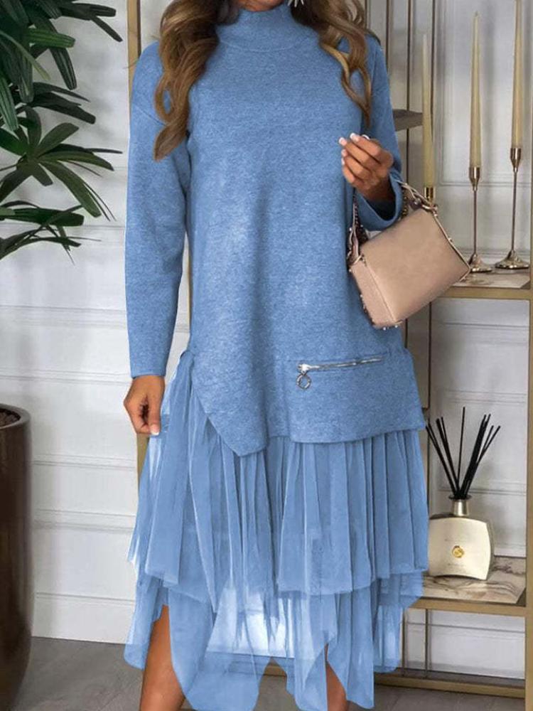 

Повседневное женское платье из сетки пэчворк для осени и зимы 3XL синий