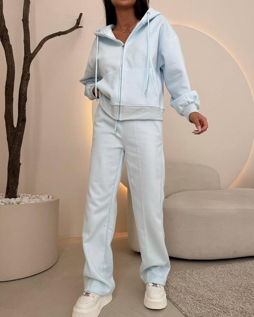 Women's Light Yellow Hooded Zip Up Tracksuit Set Casual Loose Fit Jacket and Wide Leg Pants