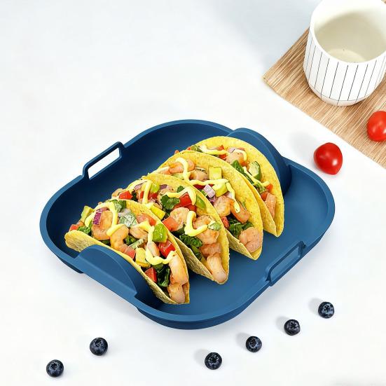 Silicone Taco Holder Reusable Taco Plates with 4 Dividers And Handle Dishwasher Microwave Oven Safe Taco Serving Tray
