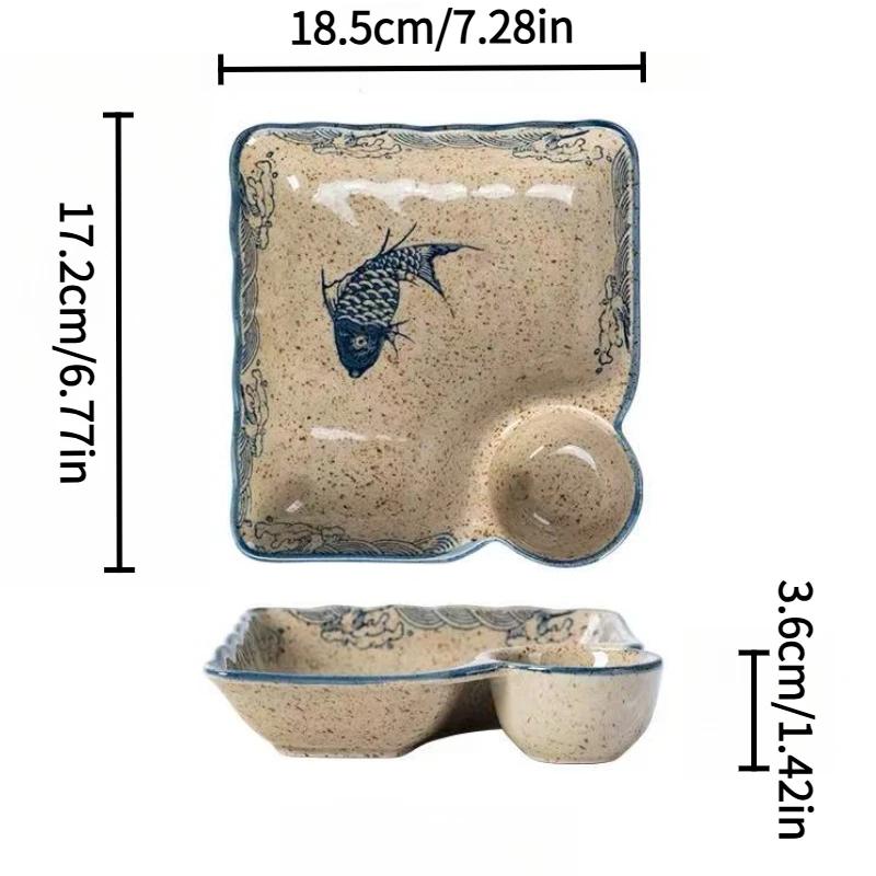 1pcs Rectangular Ceramic Dinner Plates- Divided Plates and French Fry Plates with Built-in Sauce Dishes, Ideal for Dumplings