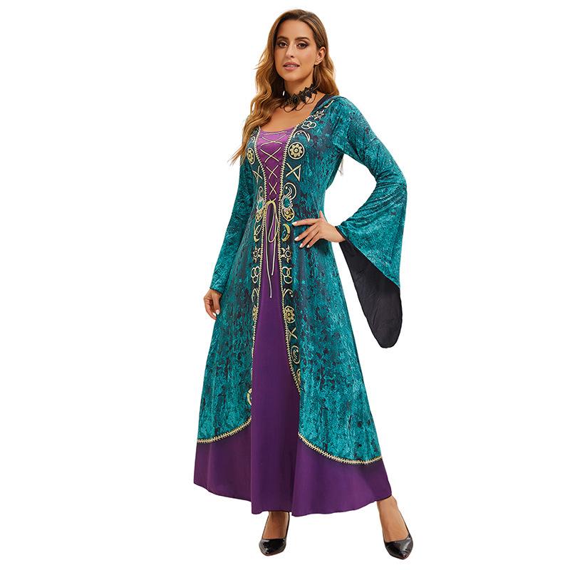 

2025 Halloween Medieval Witch Queen Hooded Dress with Bell Sleeves XL