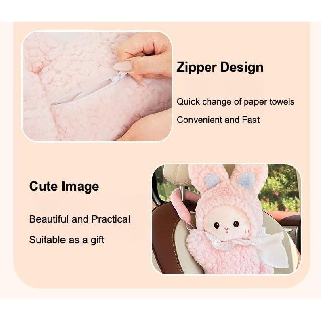 Car Tissue Holder Plush Animal Paper Towel Box Cute Rabbit Hanging Backseat Organizer for Cars Adorable Decorative Tissue Dispenser (Pink Rabbit)