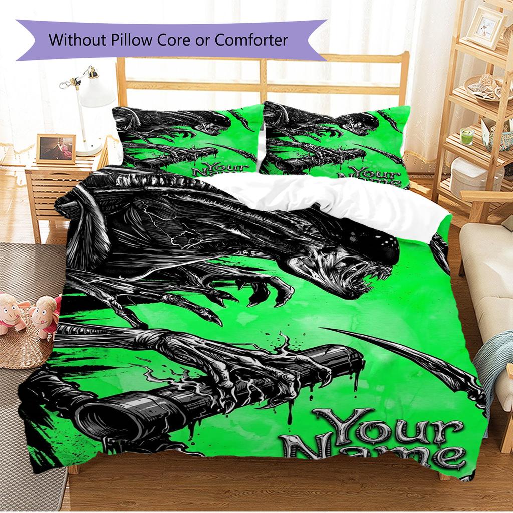 Name Custom Aliens Monster Pattern Bedding Set Quilt Cover Pillowcase Home Decor Gift (1 * Duvet Cover + 2 * Pillowcase, Without Core)