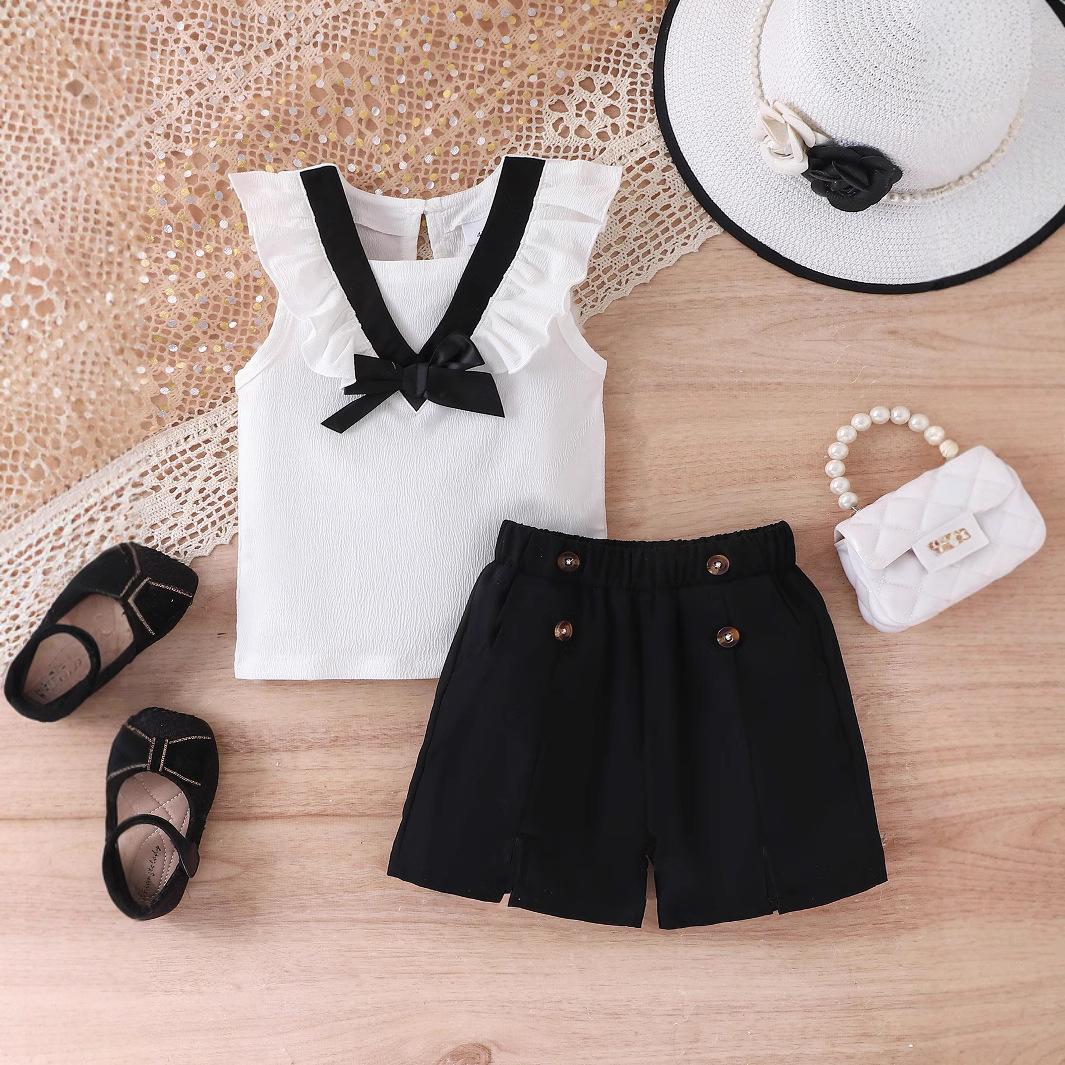 

Повседневный комплект для девочек 2025 года, летняя детская мода, топ без рукавов + шорты, комплект из двух предметов 7Y чёрный