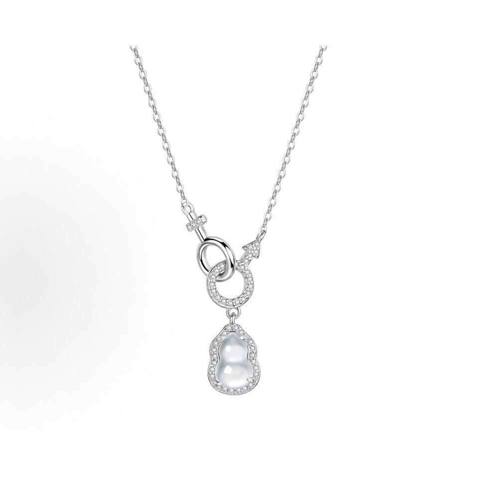 S925 Sterling Silver Interlocking Rings with Natural White Agate and Diamond Gourd Necklace – Elegant Clavicle Chain