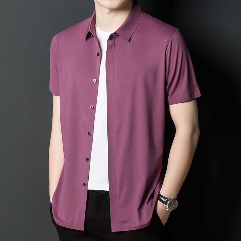 Seamless Iron-free Ice Silk Short-sleeved Men's Shirt Summer New Style Young and Middle-aged Business Casual High-elastic Thin Shirt for Men