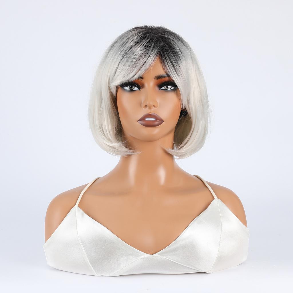 Ladies Short Straight Bob Synthetic Wigs for Women Fluffy White Black Gray Silver Wig Cosplay Party Daily Heat Resistant Fiber Hair