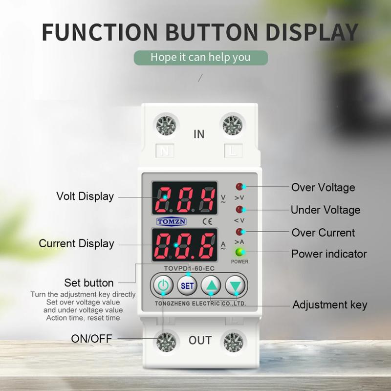 Din Rail Dual Display Adjustable Over Voltage Current And Under Voltage Protective Device Protector Relay 40A 63A 80A 220V 230V