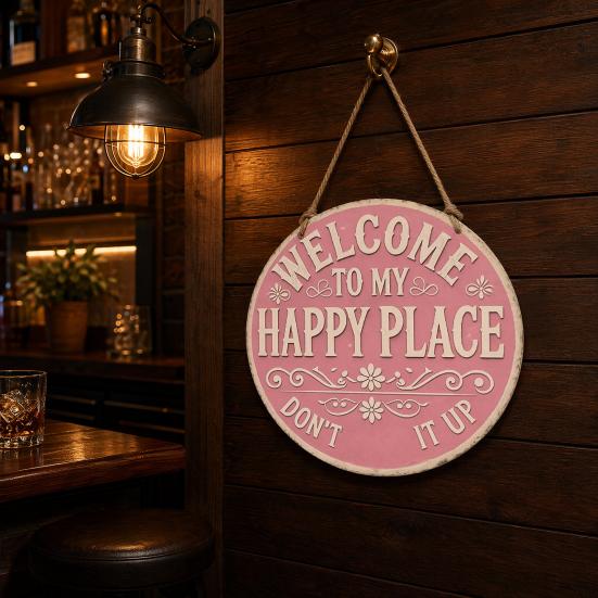 Funny Garden Wooden Sign Vintage This Is My Happy Place Welcome Round Sign Farmhouse Rustic Hanging Wall Decor for Home Bar Patio Man Cave